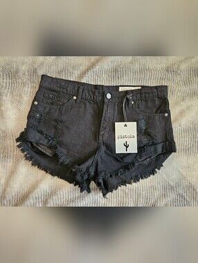 Pistola Womens Black Denim Jean Shorts Size M Frayed Hem cute Distressed, Mini,